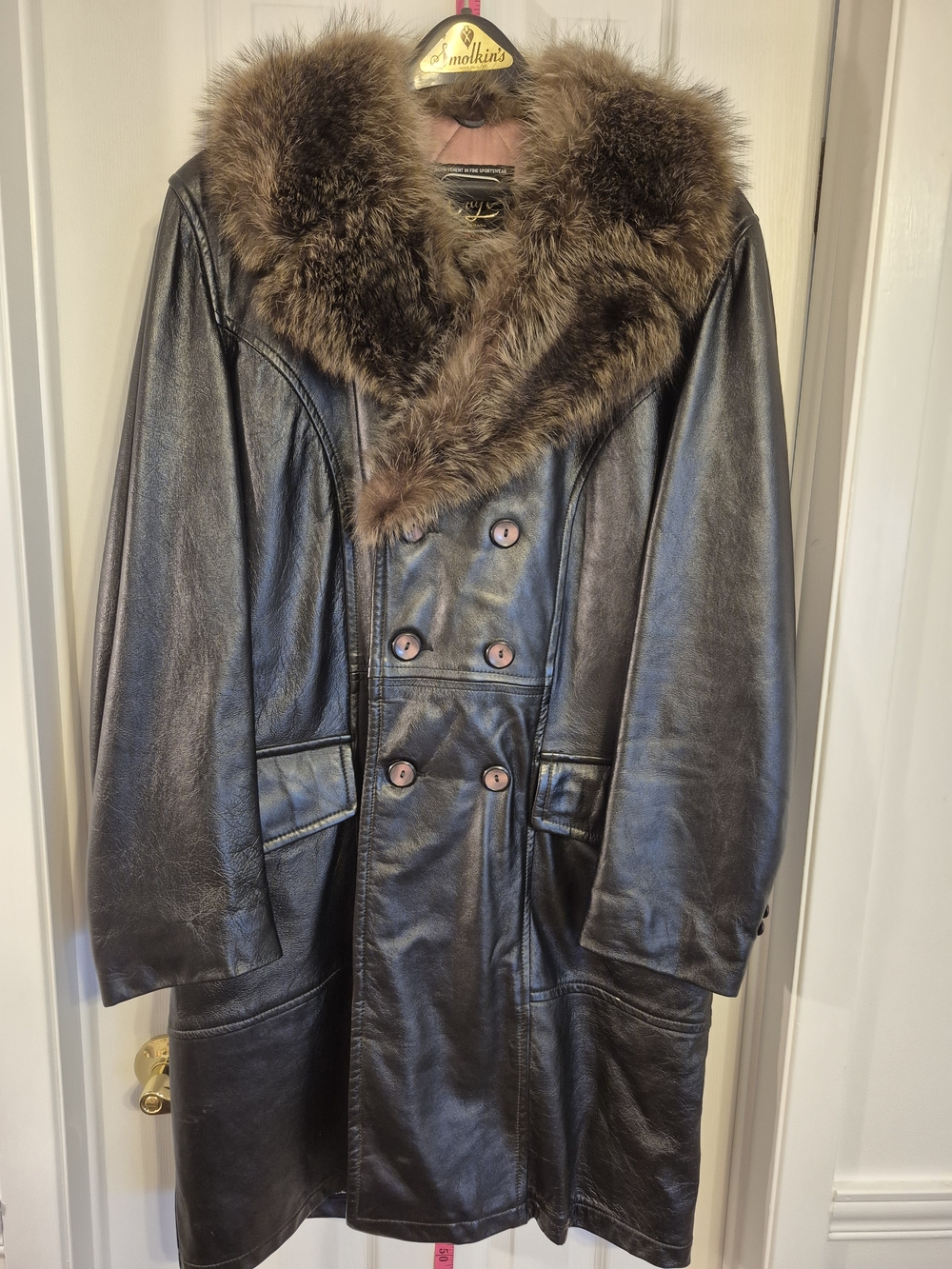 Vintage Black Leather Long Trench Coat with Brown Faux Fur Collar Size 42